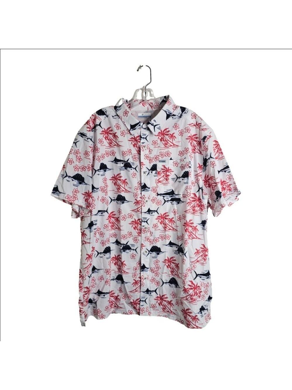 Columbia White Marlin Print Men's Short Sleeves Button Down Shirt Size XL
